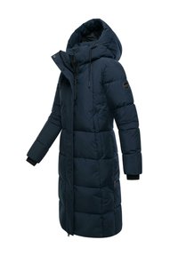Dlhý námornícky puff coat s kapucňou, s prešívaným dizajnom, elastickými manžetami a zipsom. Materiál vyzerá hladko a je vodoodolný.