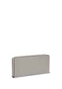 Portefeuille en cuir gris avec une texture lisse, fermeture zippée sur le dessus et design rectangulaire minimaliste. Pas de matériel ou d'embellissements visibles.