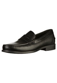 Mocassini in pelle nera con finitura liscia, dettaglio di cucitura a mocassino e suola in gomma a profilo basso. Design classico slip-on.
