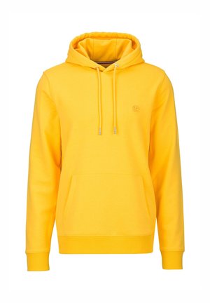 Gelber Hoodie mit Fronttasche, verstellbarer Kapuze mit Kordelzug und kleinem, auf der linken Brust eingestickten Logo.