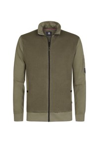 Olijf groene ritsjack met een gestructureerde voorkant, gladde mouwen en een staande kraag. Heeft zijzakken en een merkteken op de linkerarm.