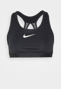 Black sports bra with a racerback design, made of smooth fabric. Features a white Nike logo at the center and a supportive band.