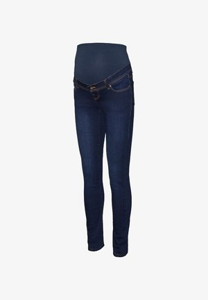 Dunkelblaue Umstandsjeans mit einem dehnbaren Einsatz am Bund, schlanker Passform und klassischem Fünf-Taschen-Stil mit kontrastierender Naht.