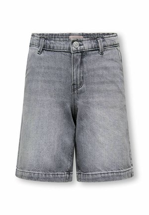 Pantaloncini di jeans grigi con chiusura a bottone, passanti per cintura e tasche anteriori, mostrati su uno sfondo bianco.