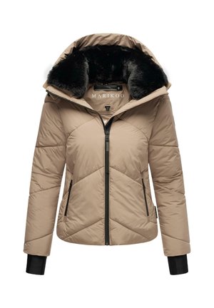 Giacca imbottita beige con cappuccio foderato in pelliccia sintetica nera, zip frontale e design a rombi diagonali. Presenta tasche laterali e polsini neri.