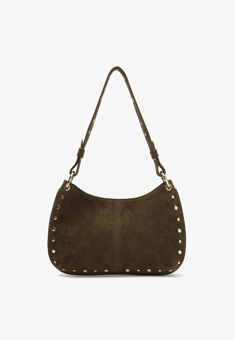 Brown suede shoulder bag with a curved shape, featuring gold stud accents along the edges and a single adjustable strap.