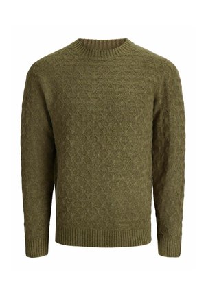 Olive green knit sweater with diamond cable pattern, ribbed crew neck, cuffs, and hem, long sleeves, and textured wool fabric.