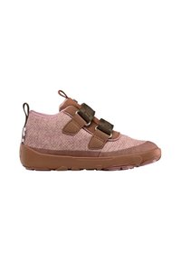 Brown and pink children's sneakers with a textured fabric upper, two adjustable straps, and a rubber sole featuring grip patterns.