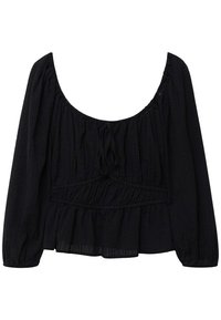 Schwarze Bluse mit langen Ärmeln, runden Ausschnitt, strukturiertem Stoff, geraffter Taille und ausgestellt Saum. Mit einer Bindeschnurdetails auf der Vorderseite.