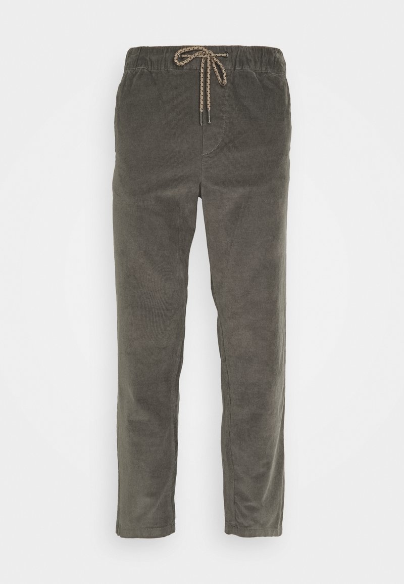 Dark green corduroy pants with a drawstring waistband, straight cut, and subtle ribbed texture. Two side pockets and clean hem.