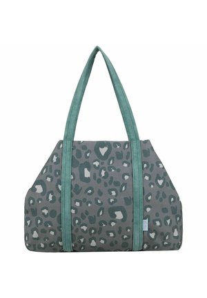 Sac cabas gris avec motif léopard vert et poignées vertes unies s'étendant le long des côtés, base rectangulaire, tissu doux.