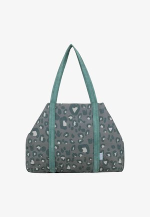 Graue Tragetasche mit grünem Leopardenmuster und festen grünen Griffen, die an den Seiten herunterragen, rechteckiger Boden, weiches Stoffmaterial.