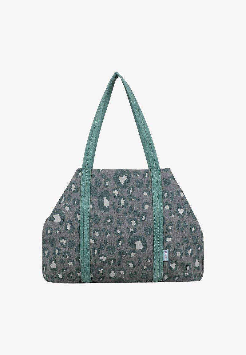 Sac cabas gris avec motif léopard vert et poignées vertes unies s'étendant le long des côtés, base rectangulaire, tissu doux.