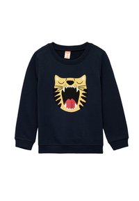 Sudadera azul marino con puños y dobladillo acanalados, que presenta un gran gráfico de la cara de un tigre en amarillo y negro en el centro con acentos rojos.