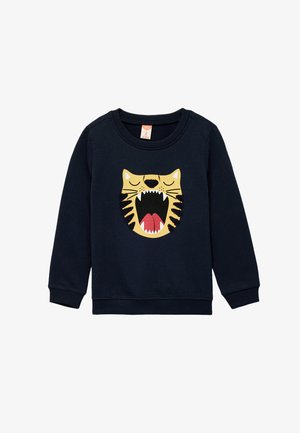 Granatowy sweatshirt z prążkowanymi ściągaczami i hemem, z dużym graficznym motywem głowy tygrysa w kolorze żółtym i czarnym na środku, z czerwonymi akcentami.