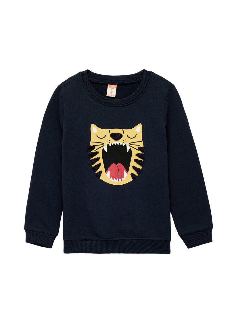 Sudadera azul marino con puños y dobladillo acanalados, que presenta un gran gráfico de la cara de un tigre en amarillo y negro en el centro con acentos rojos.