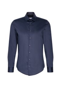 Marineblauw langemouwen shirt gemaakt van gladde stof met een puntkraag en een stippenpatroon aan de binnenkant. Voorzien van knoopsluitingen aan de voorkant.