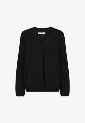 Schwarze Bluse mit langen Ärmeln, V-Ausschnitt, lockerer Passform, elastischen Bündchen und gesammeltem elastischen Saum, Größe M.