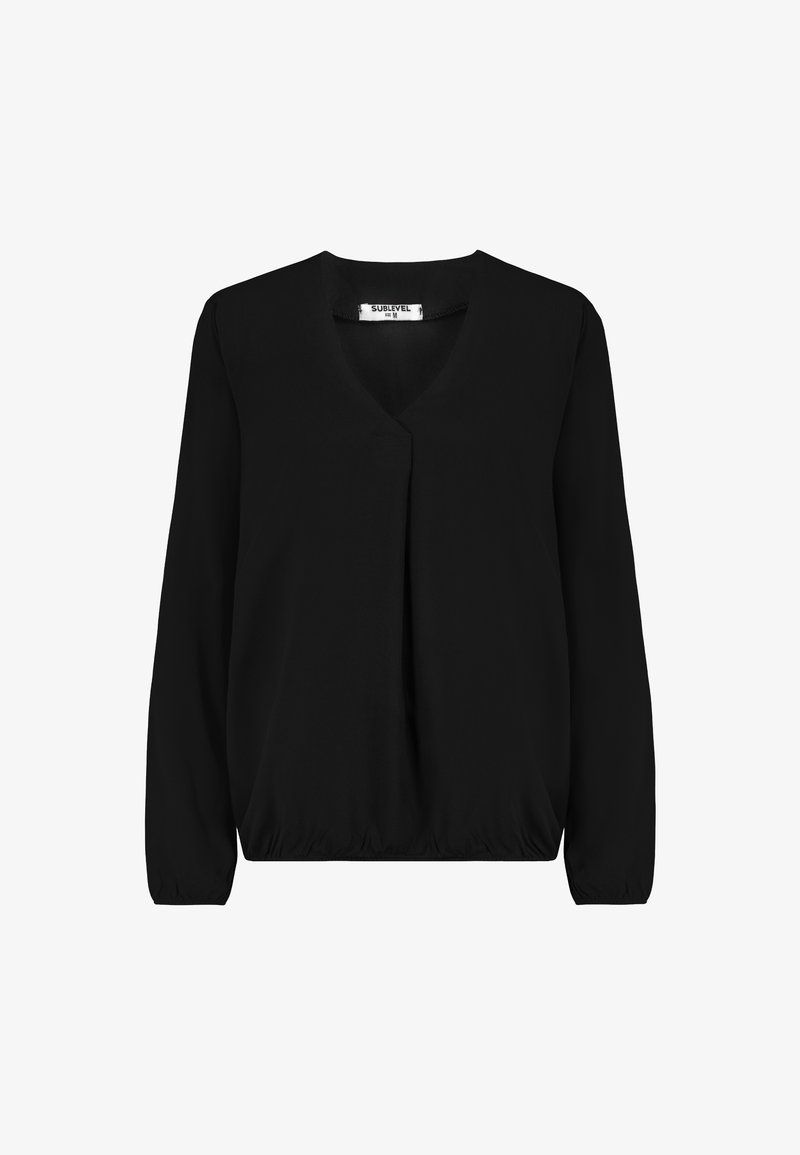 Black long-sleeve blouse with V-neck, relaxed fit, elastic cuffs, and a gathered elastic hem, labeled size M.