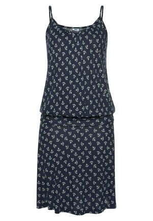 Navy dress with a white anchor pattern, featuring adjustable spaghetti straps, a loose fit, and a flowing, knee-length skirt.