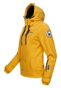Yellow softshell jacket with a zippered front, adjustable hood, and black accents. Features a logo patch and side pockets for storage.