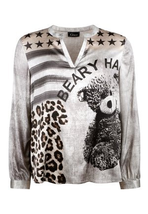 Langärmliges Oberteil mit einem grau-weißen grafischen Design, das einen Teddy-Bären, Leopardenmuster und Sterne zeigt. V-Ausschnitt und elastische Manschetten.