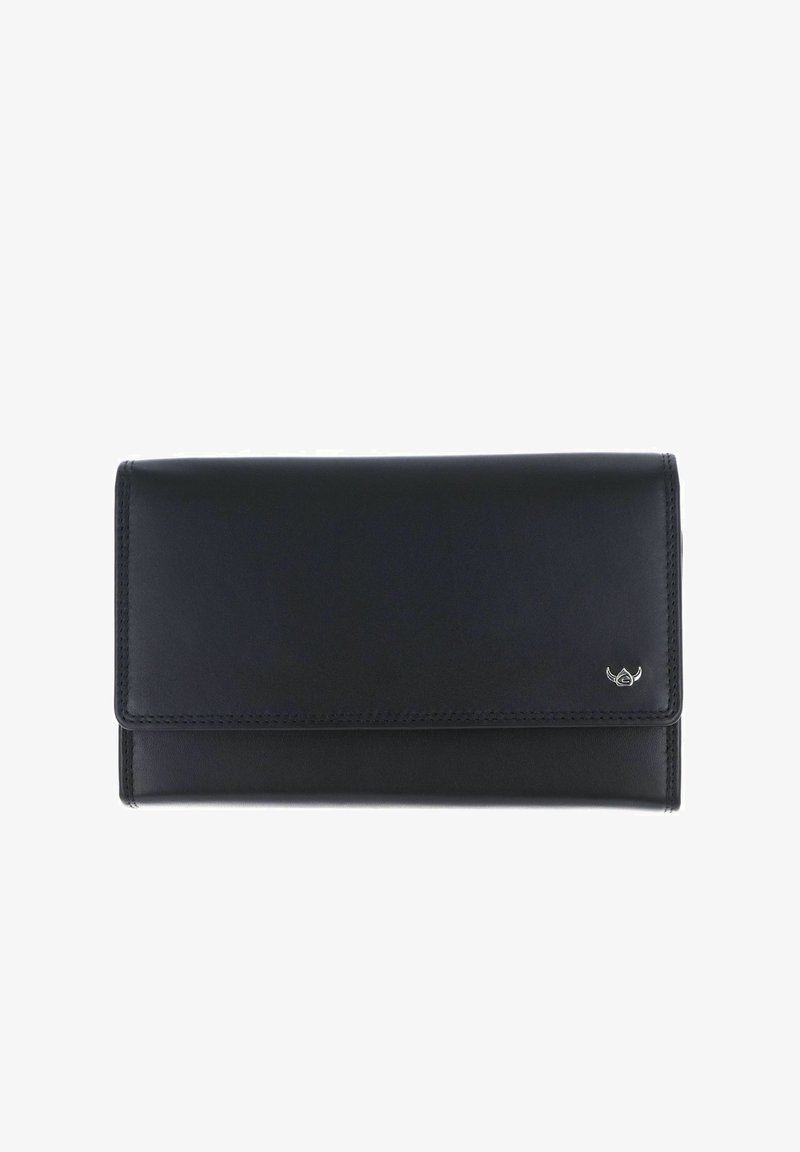 Portefeuille en cuir noir avec bords cousus et petit emblème ailé argenté en bas à droite, présenté fermé sur un fond blanc.