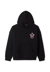 Felpa nera realizzata in misto cotone, con tasca a marsupio frontale, polsini a costina e un logo a stella colorato sul petto.