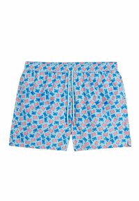 Costumi da bagno azzurri chiari con un motivo a rana di granchi rosa e blu. Presentano una vita elasticizzata e una chiusura con cordino.
