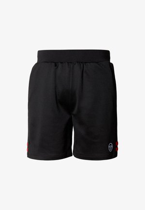 Sorte atletiske shorts med elastisk talje, prydet med røde detaljer på siderne og et logo på den nederste kant. Blødt stof.