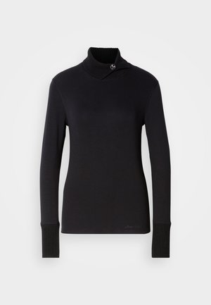 Haut noir à manches longues avec col montant et finition côtelée. Présente un détail bouton au niveau du cou. Fabriqué à partir d'un tissu lisse et élastique.