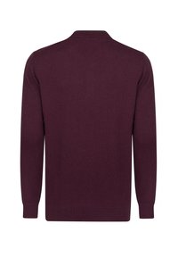 Burgundowa dzianinowa sweter z długimi rękawami i kołnierzem polo, o gładkiej fakturze oraz ściągaczach na dole i na rękawach. Wyświetlona tylna część.