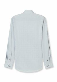 Hellblaues Hemd mit kleinem geometrischem Muster, langen Ärmeln, geknöpften Manschetten und Kragen. Glatte Textur und reguläre Passform.