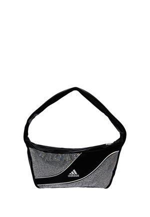 Zwarte Adidas handtas met schouderriem, versierd met zilveren strass-steentjes in een gebogen patroon en met het Adidas-logo aan de voorkant.
