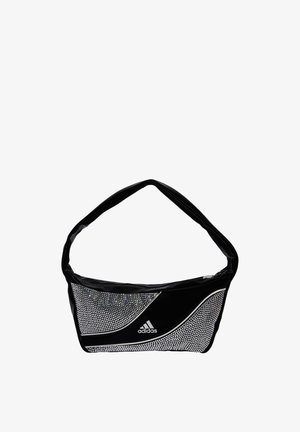 Crna Adidas torba s remenom za rame, ukrašena srebrnim šljokicama u zakrivljenom uzorku i Adidas logom sprijeda.