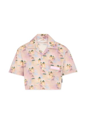 Korte mouwen, cropped overhemd met knoopsluiting, bedrukt met pastelkleurige roze, oranje en blauwe palmboomprint en een borstzak aan de voorkant.
