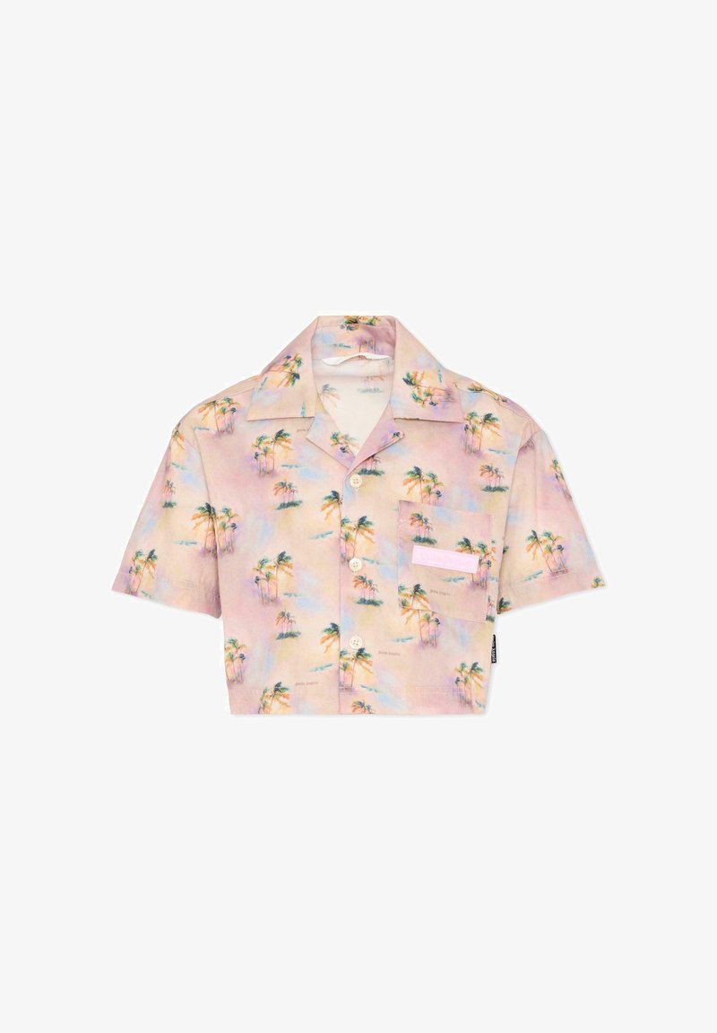 Chemise boutonnée courte à manches courtes avec imprimé de palmiers pastel rose, orange et bleu, et poche avant sur la poitrine.