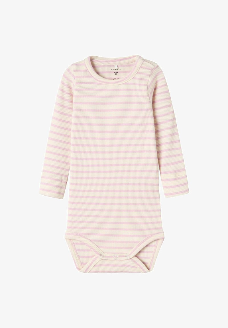 Dlouhý rukáv body vyrobené z ribbed látky v jemných pastelově růžových a bílých pruzích. Disponuje patentkami ve spodní části pro snadné oblékání.