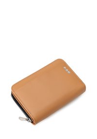 Tan leather wallet with a smooth texture, zip closure, and three metallic accent dots on the front. Compact rectangular design.