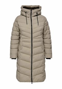 Beige puffer-jakk, millel on kapuuts, millel on chevron-kviltimine, keskne lukustus ning reguleeritavad nöörid kapuutsis ja varrukaotsas.