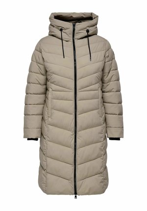 Beige puffer-jakk, millel on kapuuts, millel on chevron-kviltimine, keskne lukustus ning reguleeritavad nöörid kapuutsis ja varrukaotsas.