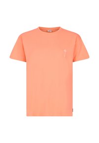 Korte mouw T-shirt in lichtoranje katoen met een ronde hals en een kleine witte palmboom borduursel op de linkerborst.