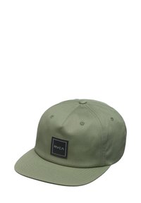 Olive green cap made of cotton twill, featuring a structured design, flat peak, and a square black patch with "RVCA" logo.