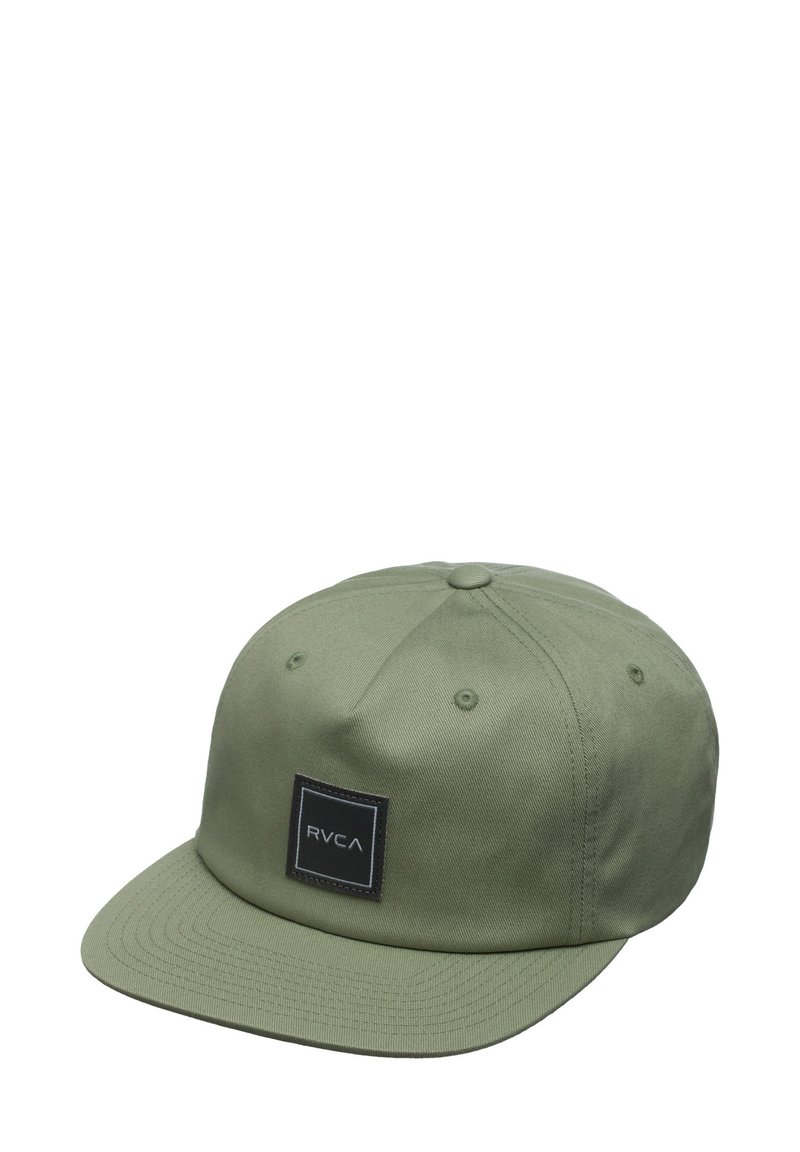 Olive green cap made of cotton twill, featuring a structured design, flat peak, and a square black patch with "RVCA" logo.