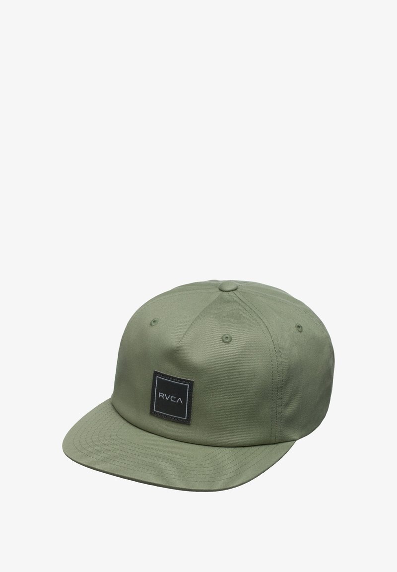 Olive green cap made of cotton twill, featuring a structured design, flat peak, and a square black patch with "RVCA" logo.