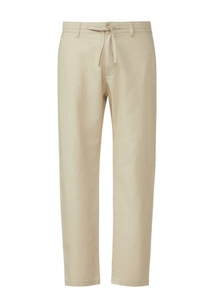 Beige gerade geschnittene Hose mit Gürtelschlaufen und einem Tunnelzug in der Taille, vorne Taschen und glatter Stoffstruktur.