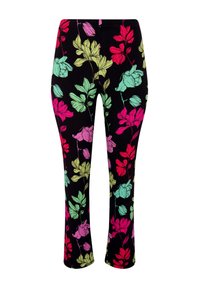 Pantalons floraux avec une base noire, ornés de grandes feuilles et fleurs vibrantes en rose, vert et bleu clair. Design ajusté avec une coupe droite.