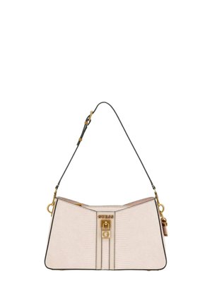 Sac à bandoulière en cuir à texture crème avec serrure ton or et sangle noire réglable.