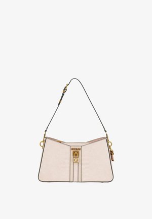 Sac à bandoulière en cuir à texture crème avec serrure ton or et sangle noire réglable.