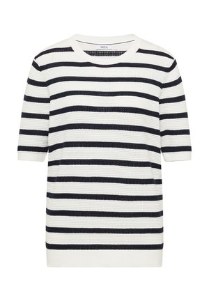 Biały krótki sweter z dzianiny z poziomymi czarnymi paskami, okrągłym dekoltem oraz ściągaczami na rękawach i u dołu.